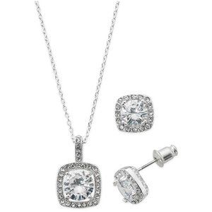 Macy's Silver Plate Cubic Zirconia Necklace and Stud Earring Set, 18" + 3" ext